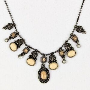 Villager Dangle Necklace Antiqued Brass Enamel Stone Rhinestone Crystal Vintage